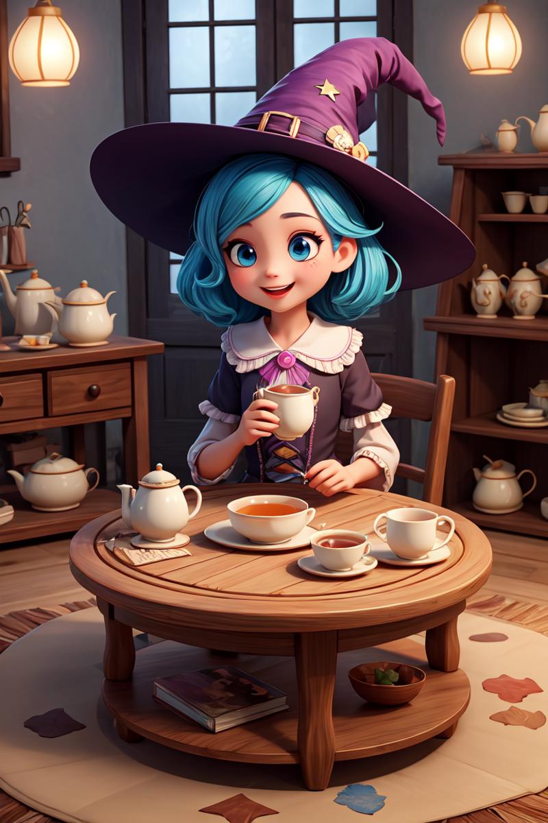 377743-3603471725-((masterpiece, best quality)), ((style-swirlmagic)_0.3), (chibi_0.5), 1girl, witch tea party, wooden table , cute, happy, vibran.png